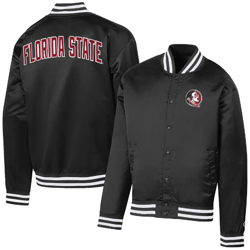 Training Jacket-Champion Men's Seminole Logo/Florida State Super Fan Satin Bomber Jacket - Black