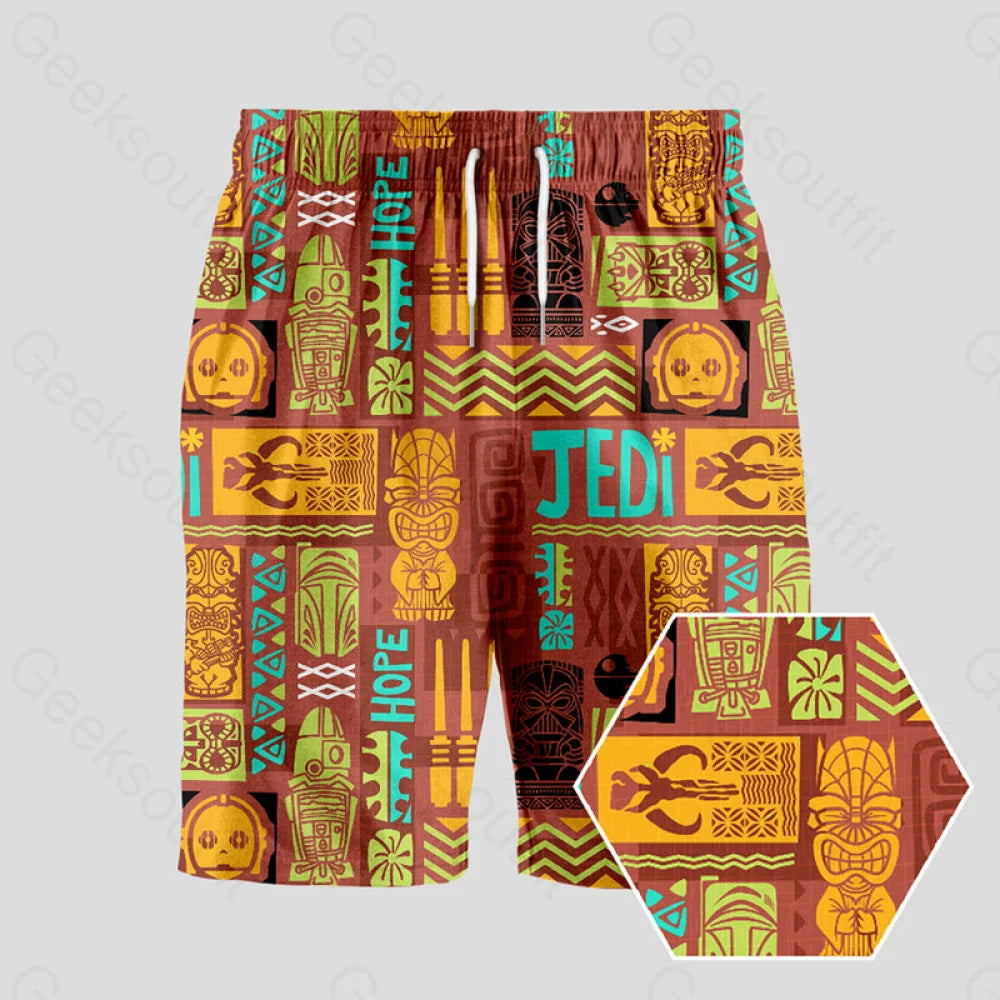 Swim Shorts-Hawaiian Totem Geeky Drawstring Shorts