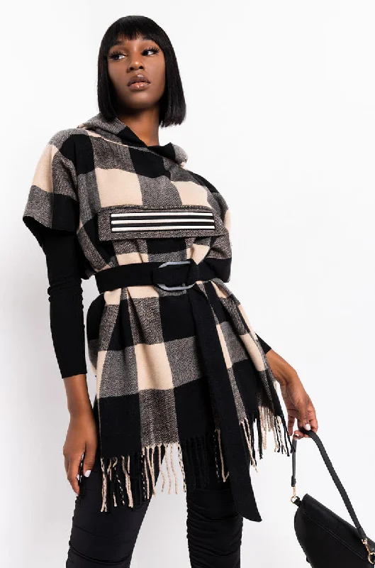 Running Hoodie-KHALLI PLAID HOODIE PONCHO