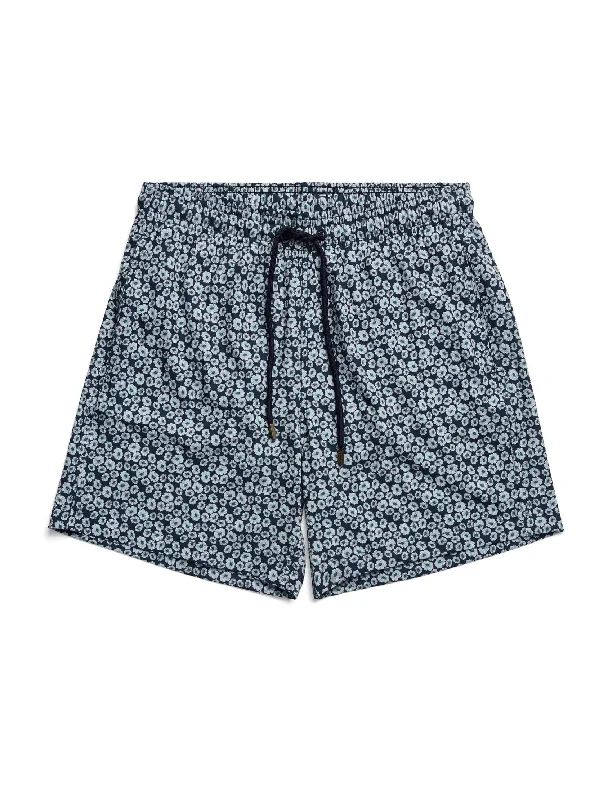 Button Shorts-Navy Flower Print Swim Shorts