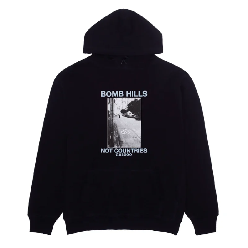 Warm Sweatshirt-Bomb Hills Not Countries Hoodie [Black W/ Baby Blue Font]