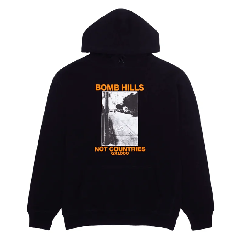 Travel Sweatshirt-Bomb Hills Not Countries Hoodie [Black W/ Orange Font]