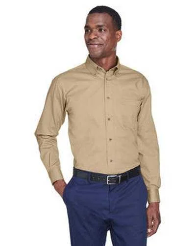 Patchwork Button Down Shirt-Harriton M500 Men's Easy Blend Long-Sleeve Twill Shirt with Stain-Release - Stone