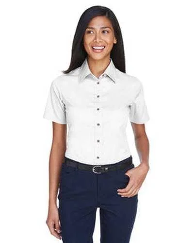 Graphic Button Down Shirt-Harriton M500SW Ladies' Easy Blend Short-Sleeve Twill Shirt with Stain-Release - White