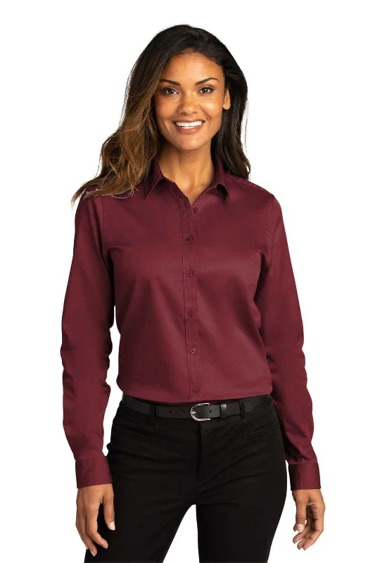 Breathable Fabric Button Down Shirt-Port Authority LW808 Ladies Long Sleeve SuperPro React Twill Shirt - Burgundy