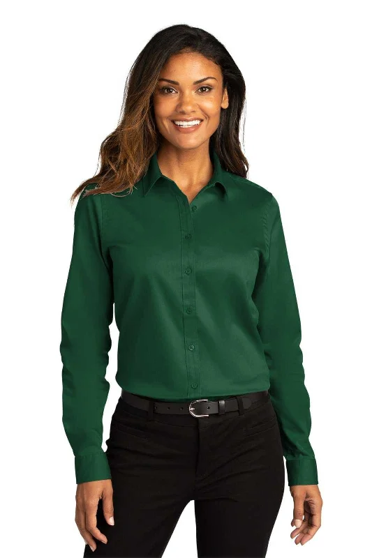 Warm Button Down Shirt-Port Authority LW808 Ladies Long Sleeve SuperPro React Twill Shirt - Dark Green