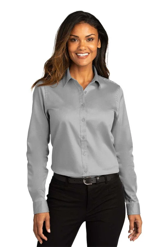 Easy Care Button Down Shirt-Port Authority LW808 Ladies Long Sleeve SuperPro React Twill Shirt - Gusty Gray