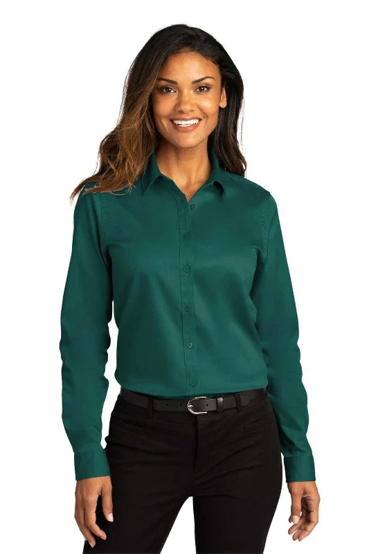 Wrinkle-Free Button Down Shirt-Port Authority LW808 Ladies Long Sleeve SuperPro React Twill Shirt - Marine Green