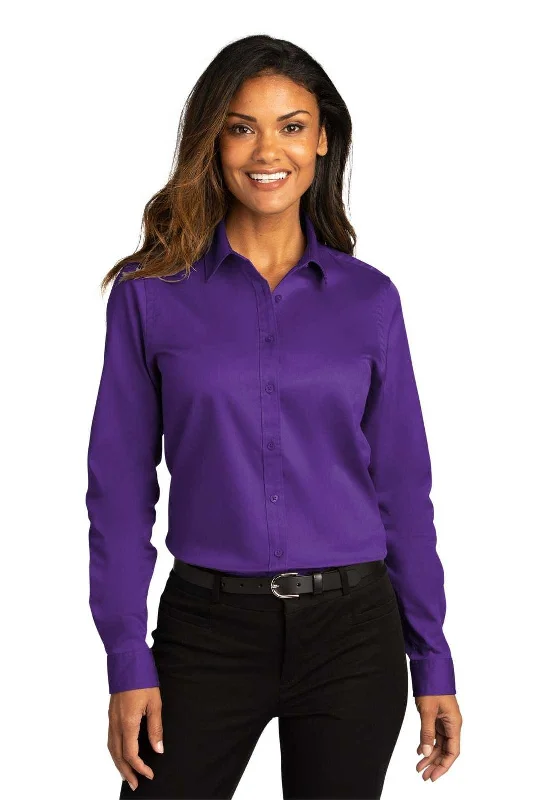 UV Protection Button Down Shirt-Port Authority LW808 Ladies Long Sleeve SuperPro React Twill Shirt - Purple