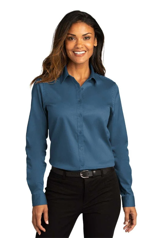 Moisture Wicking Button Down Shirt-Port Authority LW808 Ladies Long Sleeve SuperPro React Twill Shirt - Regatta Blue