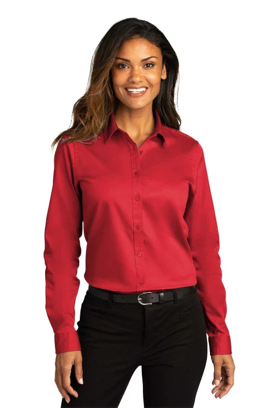 Quick Dry Button Down Shirt-Port Authority LW808 Ladies Long Sleeve SuperPro React Twill Shirt - Rich Red