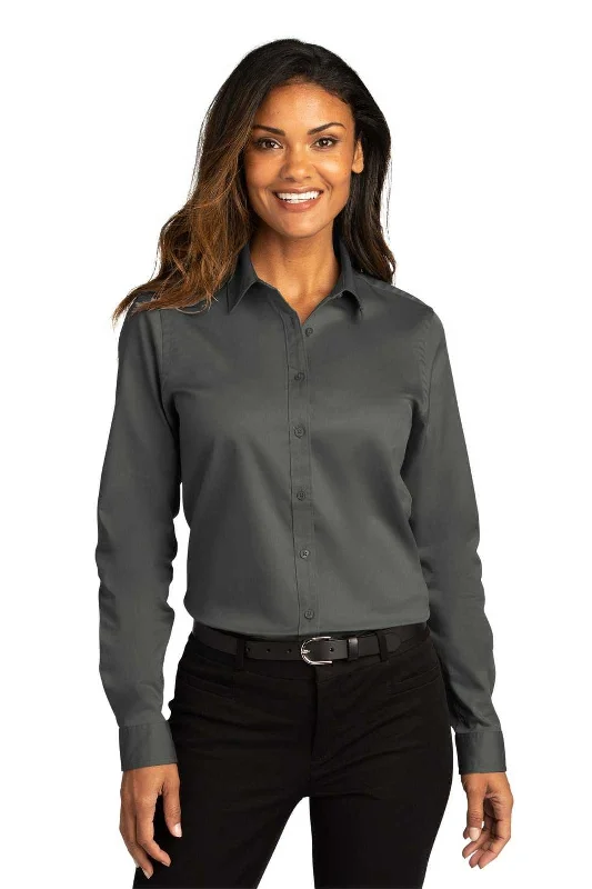 Performance Button Down Shirt-Port Authority LW808 Ladies Long Sleeve SuperPro React Twill Shirt - Storm Gray