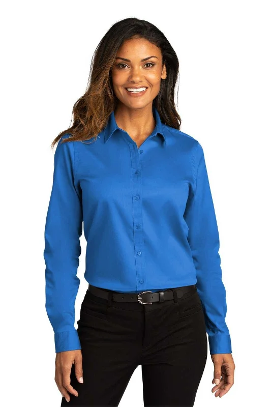 Techwear Button Down Shirt-Port Authority LW808 Ladies Long Sleeve SuperPro React Twill Shirt - Strong Blue