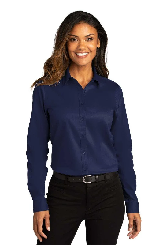 Streetwear Button Down Shirt-Port Authority LW808 Ladies Long Sleeve SuperPro React Twill Shirt - True Navy