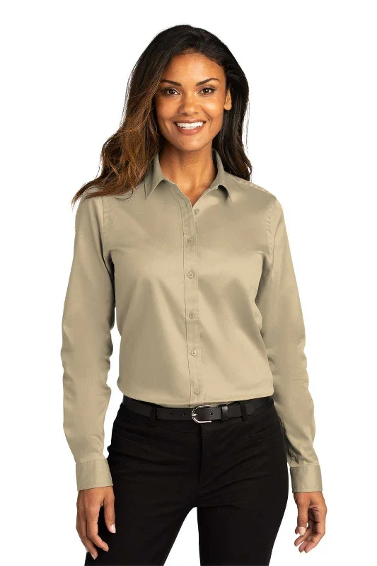 Beach Button Down Shirt-Port Authority LW808 Ladies Long Sleeve SuperPro React Twill Shirt - Wheat