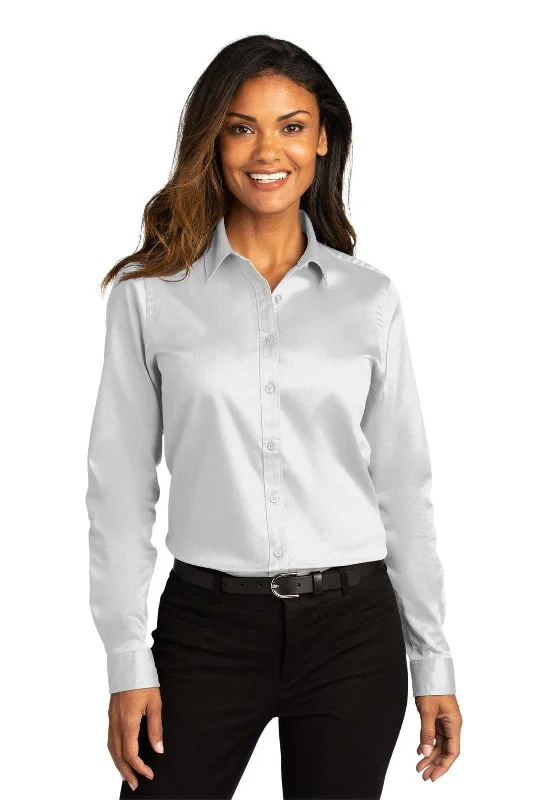 Date Night Button Down Shirt-Port Authority LW808 Ladies Long Sleeve SuperPro React Twill Shirt - White