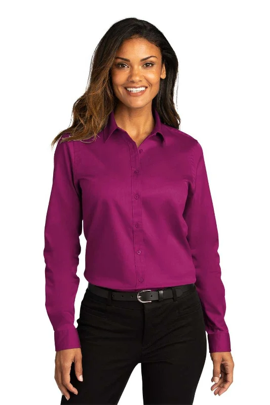 Wedding Button Down Shirt-Port Authority LW808 Ladies Long Sleeve SuperPro React Twill Shirt - Wild Berry