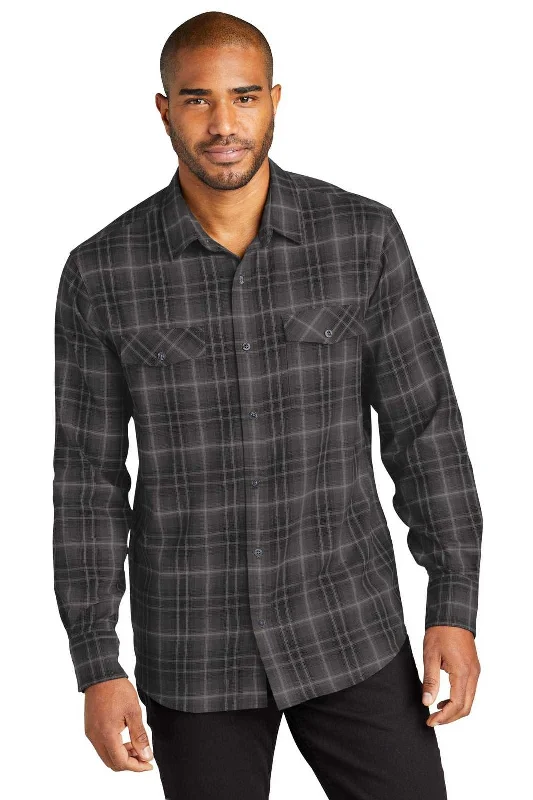 Business Button Down Shirt-Port Authority W672 Long Sleeve Ombre Plaid Shirt - Deep Black