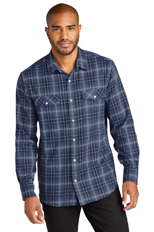 Workwear Button Down Shirt-Port Authority W672 Long Sleeve Ombre Plaid Shirt - True Navy