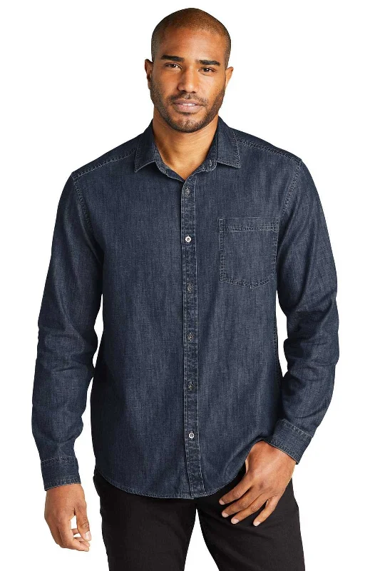 Office Button Down Shirt-Port Authority W676 Long Sleeve Perfect Denim Shirt - Dark Wash