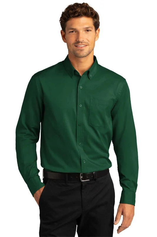 Trendy Button Down Shirt-Port Authority W808 Long Sleeve SuperPro React Twill Shirt - Dark Green